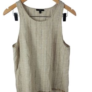 Drew Sleeveless Tank Top Beige Linen Fringe Trim Medium Tan Brown Hippie Bohem…